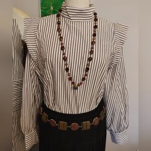 Everlane Taupe and White Striped Blouse HI NECK,Ruffle, Puff Sleeves 12US (346)